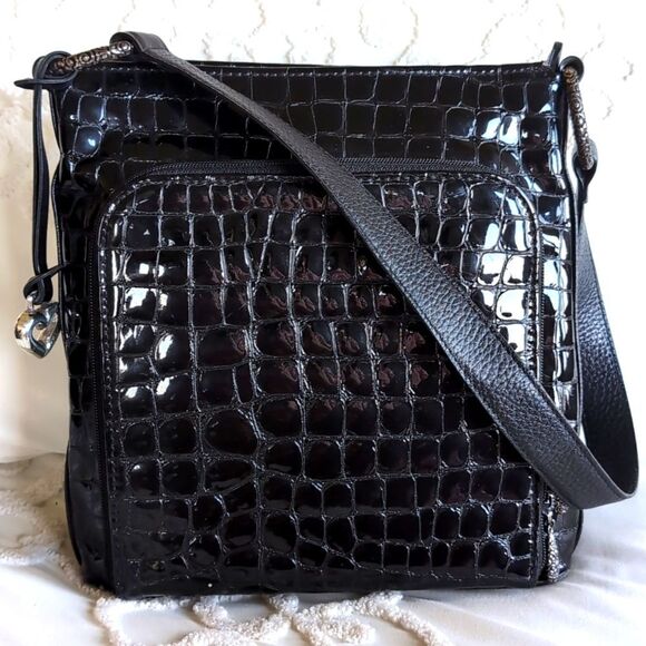 Brighton Sonny Black Patent🖤 Embossed Crocadile Genuine Leather Shoulder Bag - Picture 1 of 16